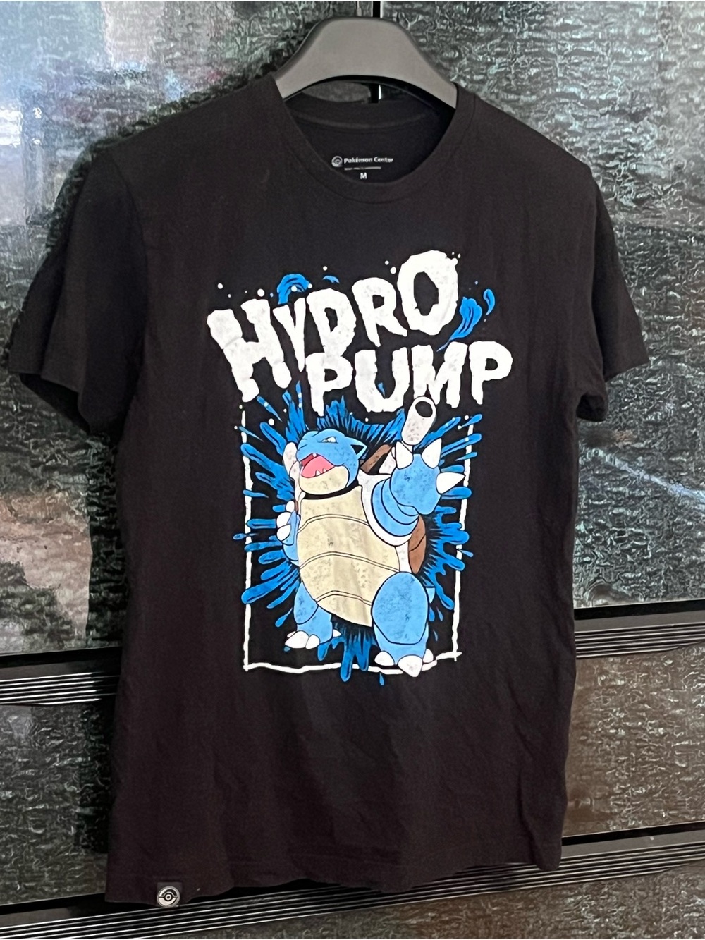 2/25$ Pokémon Center Blastoise “Hydro Pump”  Black Crew Neck Cotton Tee